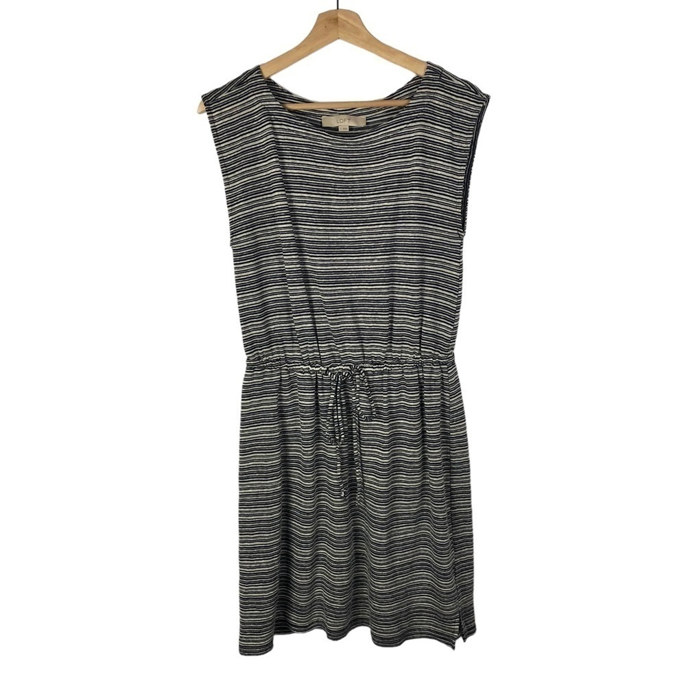 Ann Taylor LOFT Gray Stripe Linen Blend Short Sleeve Knee Length Dress S